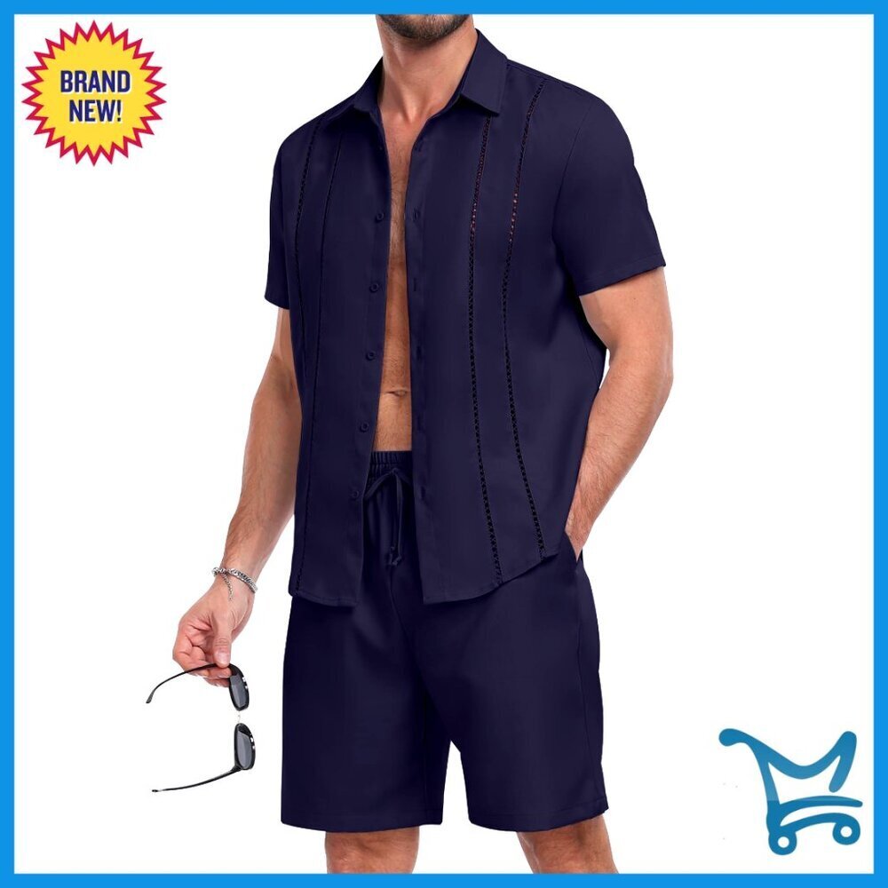 Men's Short Sleeve Button Down Shirt and Shorts Set, Summer Casual Beach Outfit